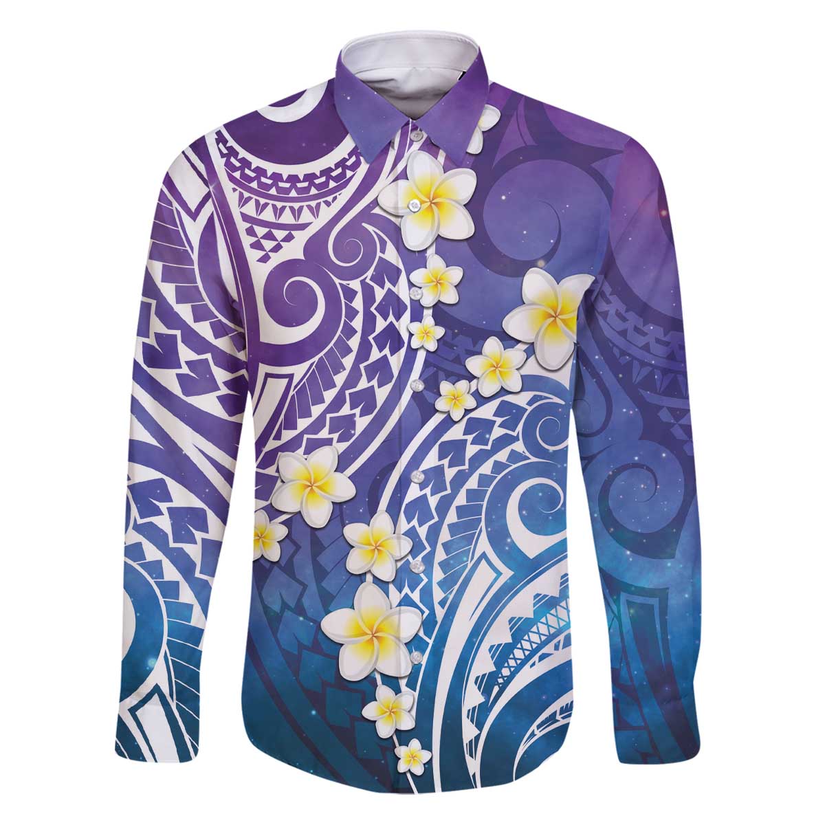 Plumeria With Galaxy Polynesian Tattoo Pattern Family Matching Puletasi and Hawaiian Shirt LT05 Dad's Shirt - Long Sleeve Galaxy - Polynesian Pride