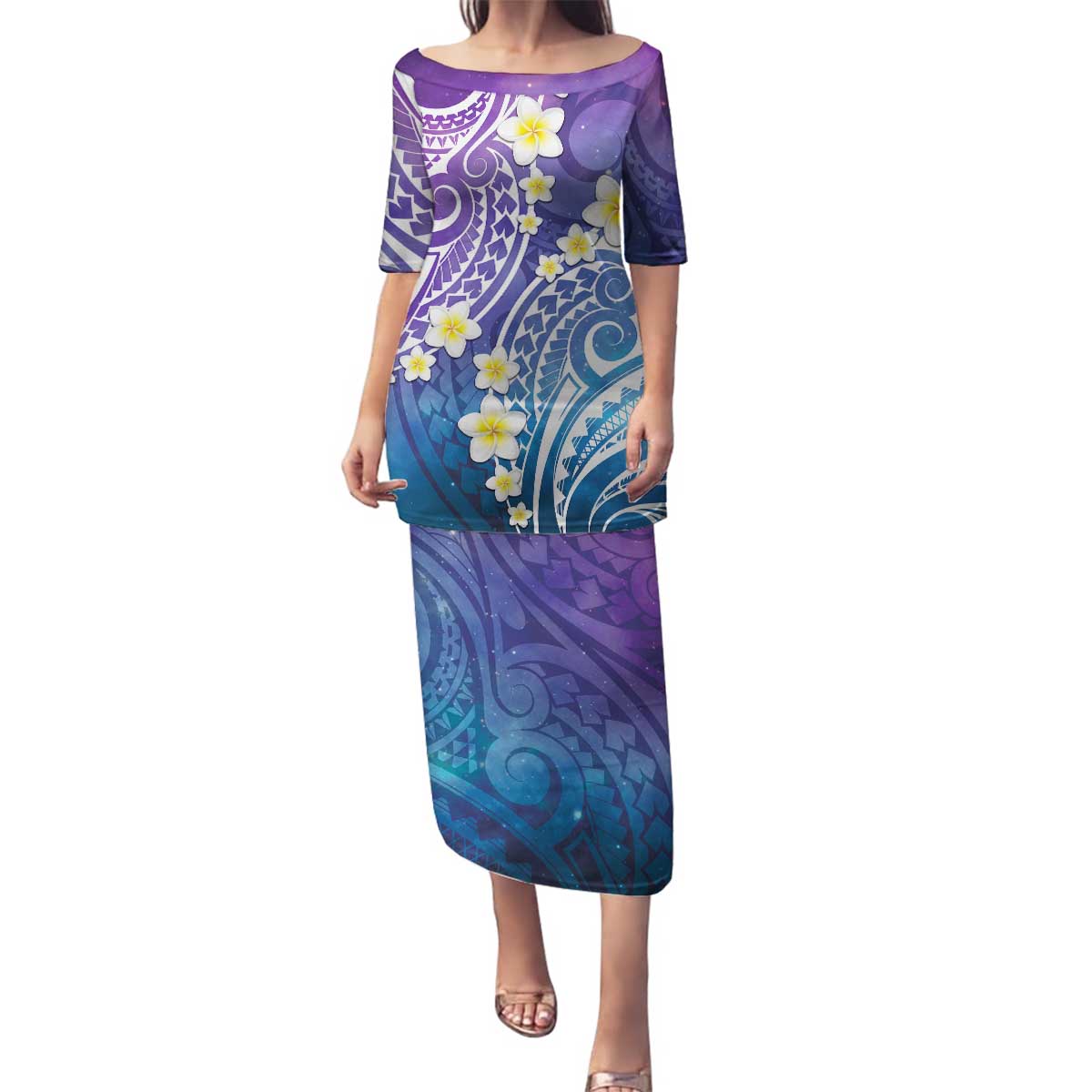 Plumeria With Galaxy Polynesian Tattoo Pattern Family Matching Puletasi and Hawaiian Shirt LT05 Mom's Dress Galaxy - Polynesian Pride