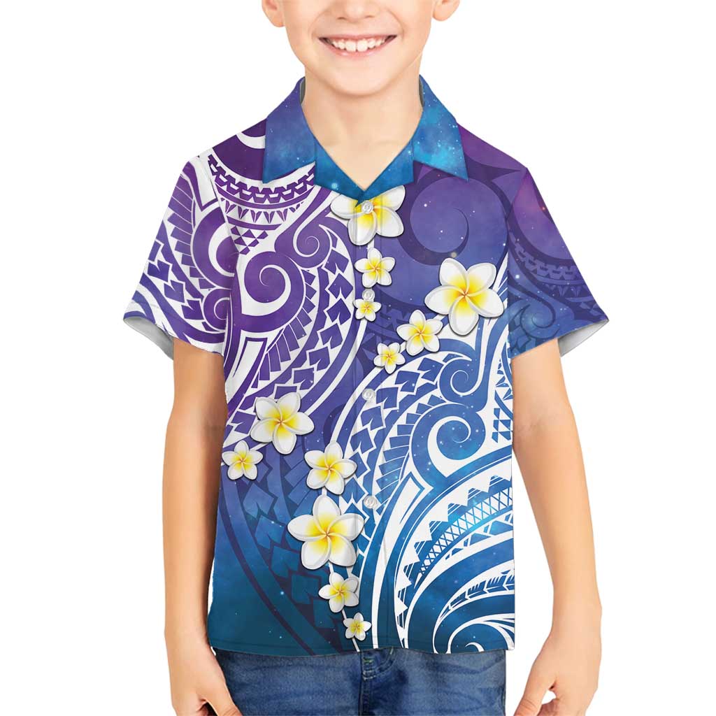 Plumeria With Galaxy Polynesian Tattoo Pattern Family Matching Summer Maxi Dress and Hawaiian Shirt