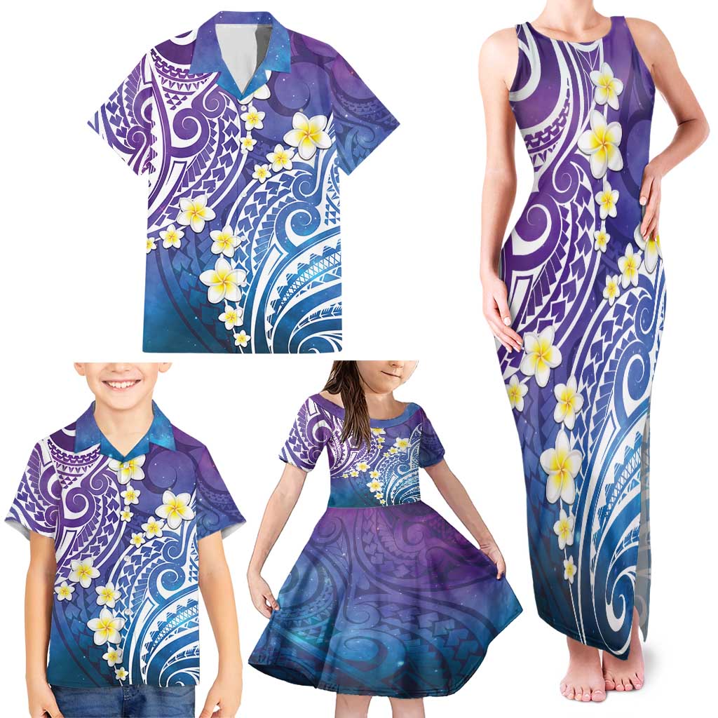 Plumeria With Galaxy Polynesian Tattoo Pattern Family Matching Tank Maxi Dress and Hawaiian Shirt