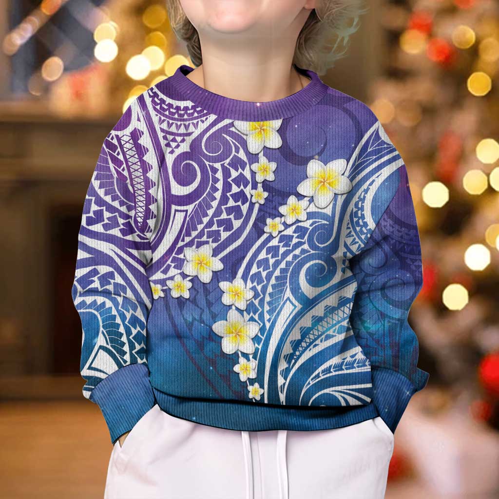Plumeria With Galaxy Polynesian Tattoo Pattern Kid Ugly Christmas Sweater