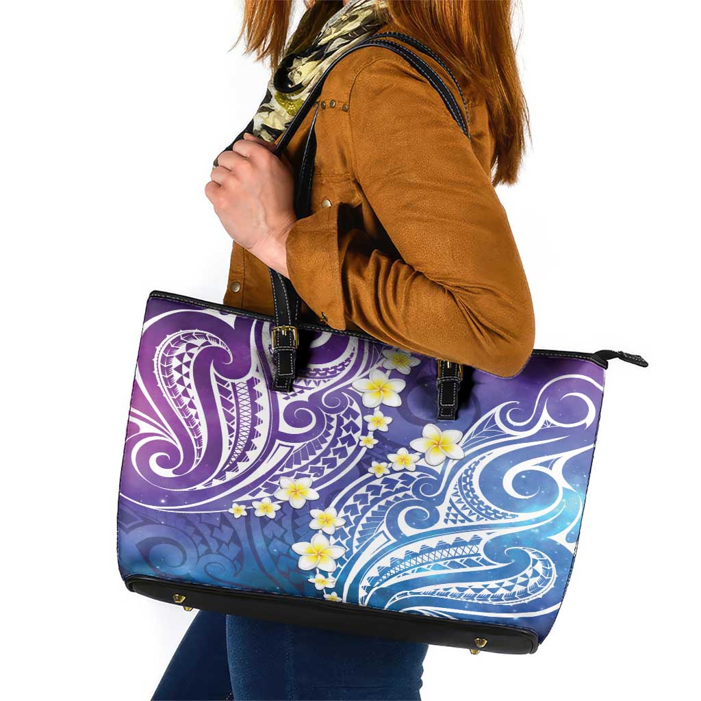 Plumeria With Galaxy Polynesian Tattoo Pattern Leather Tote Bag LT05 Galaxy - Polynesian Pride