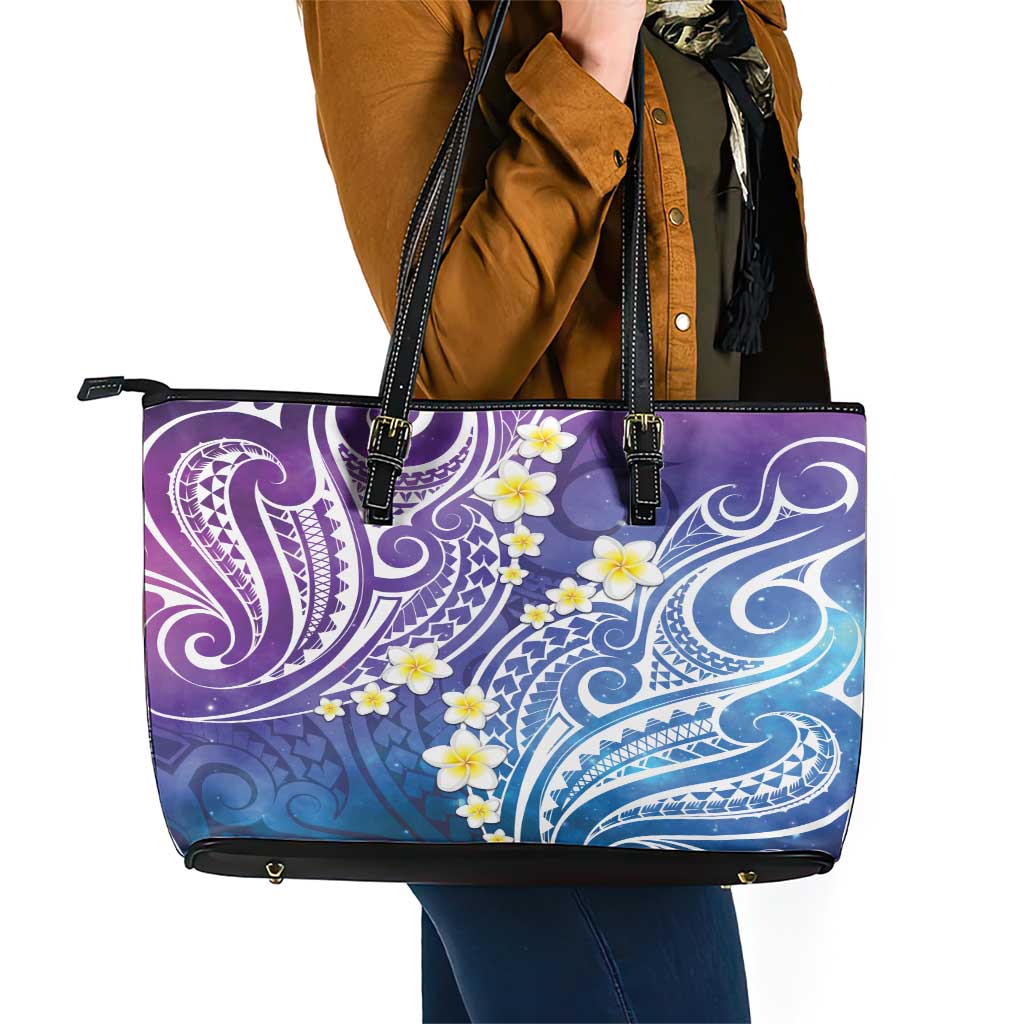 Plumeria With Galaxy Polynesian Tattoo Pattern Leather Tote Bag LT05 - Polynesian Pride