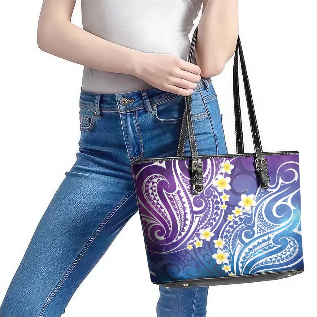 Plumeria With Galaxy Polynesian Tattoo Pattern Leather Tote Bag LT05 - Polynesian Pride