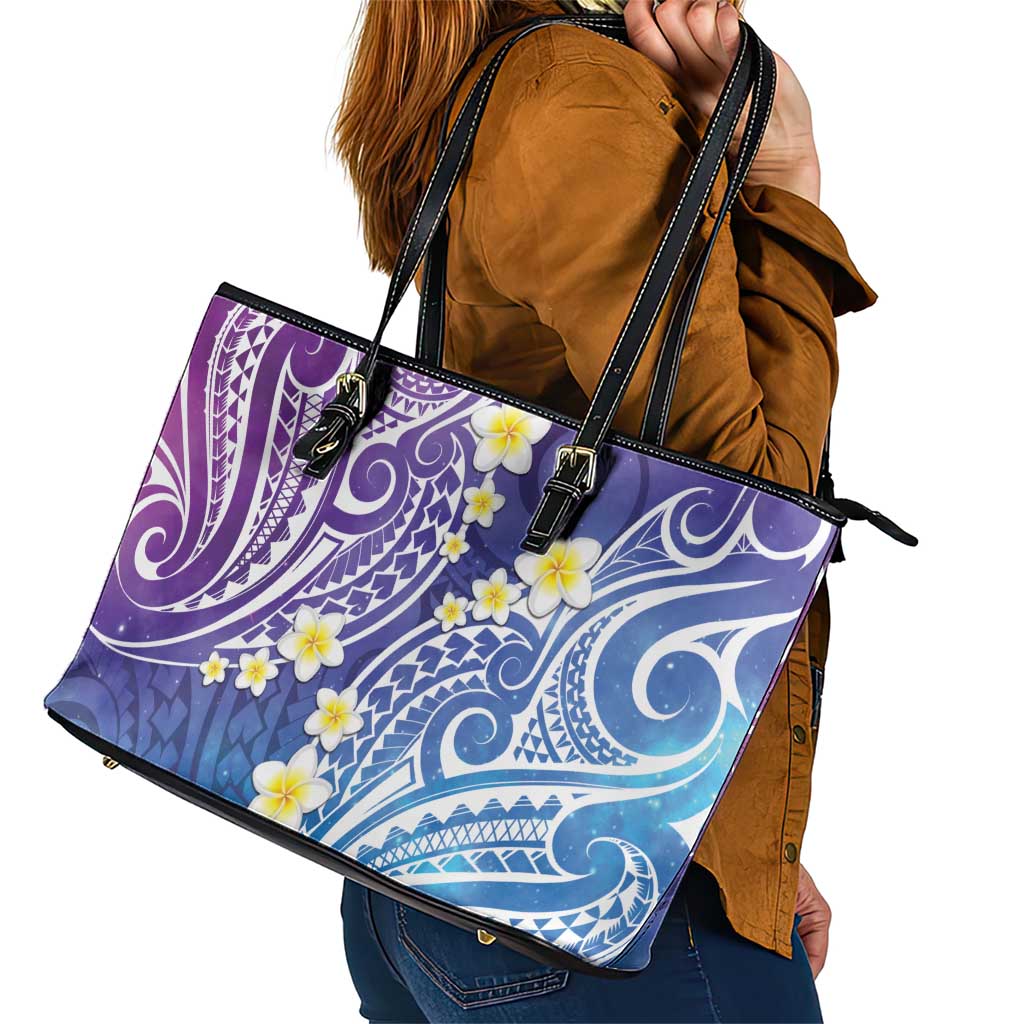 Plumeria With Galaxy Polynesian Tattoo Pattern Leather Tote Bag LT05 - Polynesian Pride
