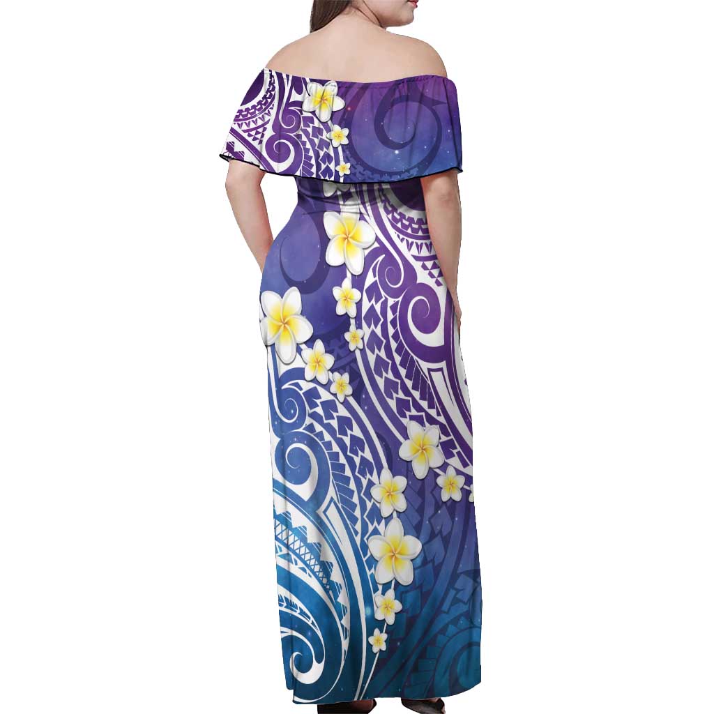 Plumeria With Galaxy Polynesian Tattoo Pattern Off Shoulder Maxi Dress