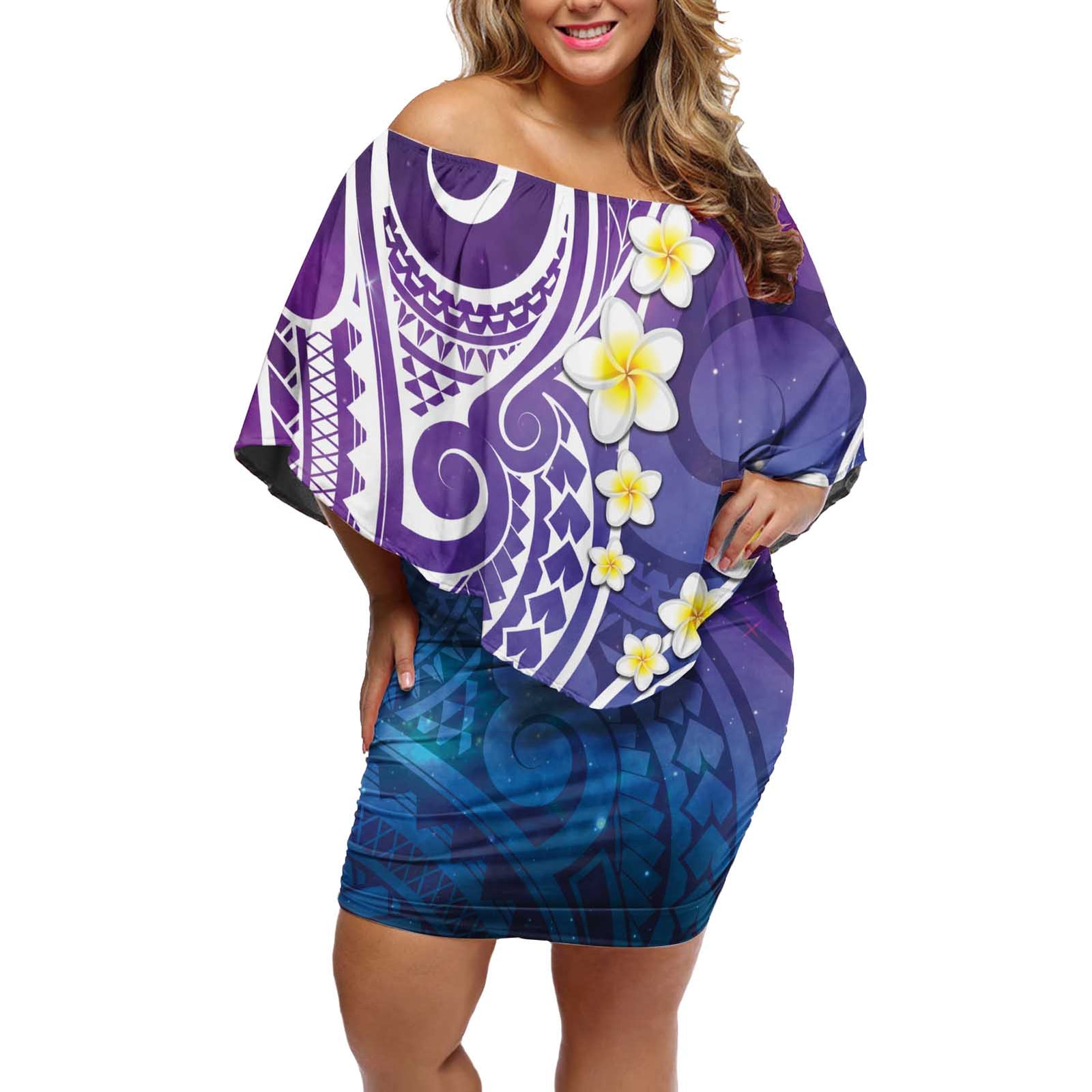 Plumeria With Galaxy Polynesian Tattoo Pattern Off Shoulder Short Dress LT05 Women Galaxy - Polynesian Pride