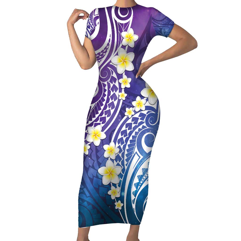 Plumeria With Galaxy Polynesian Tattoo Pattern Short Sleeve Bodycon Dress