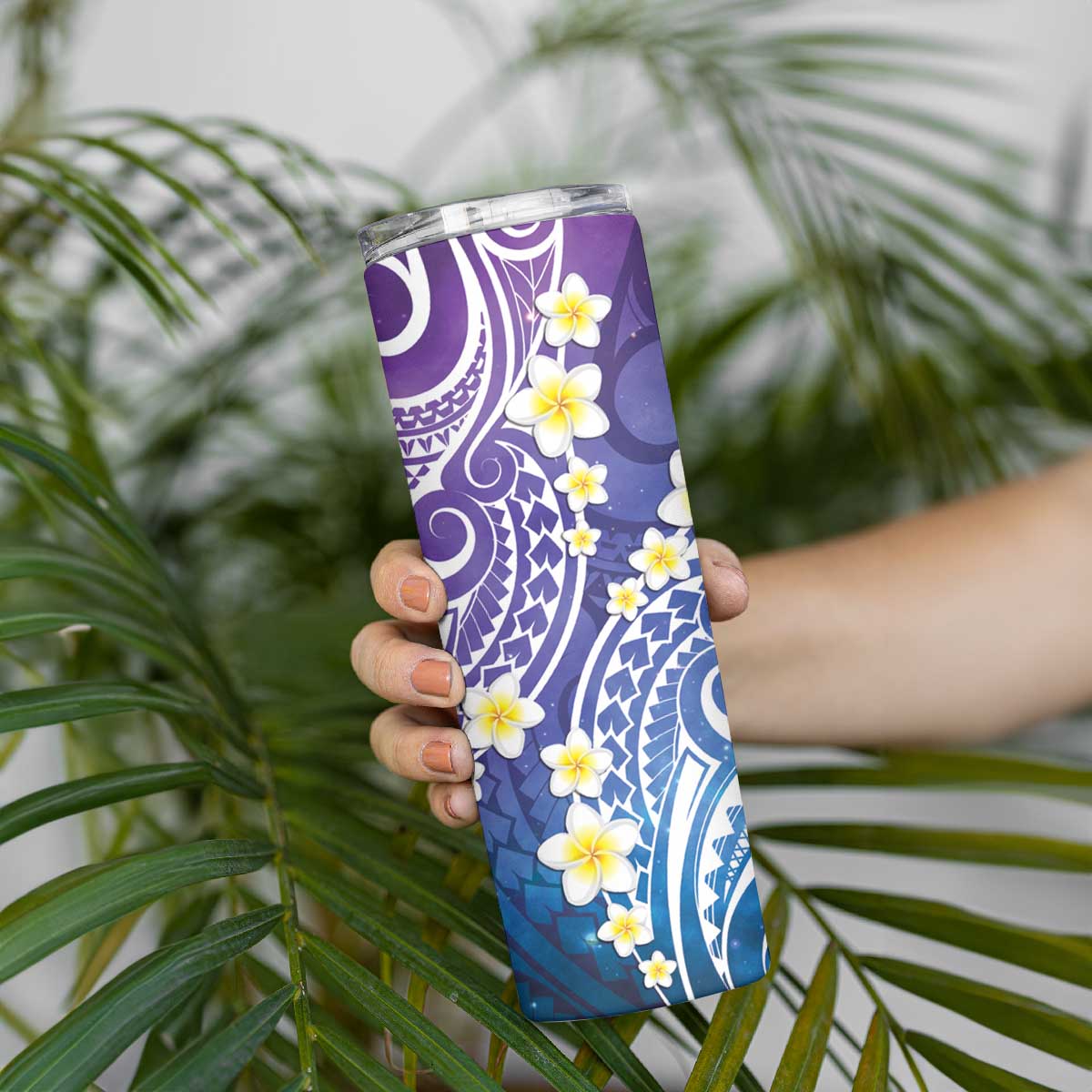 Plumeria With Galaxy Gradient Polynesian Tattoo Pattern Skinny Tumbler LT05 - Polynesian Pride