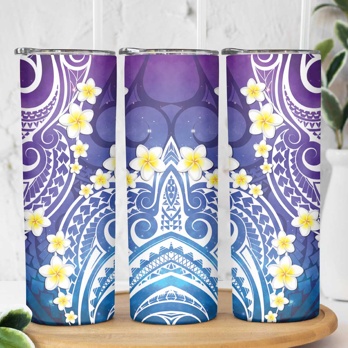 Plumeria With Galaxy Gradient Polynesian Tattoo Pattern Skinny Tumbler LT05 - Polynesian Pride