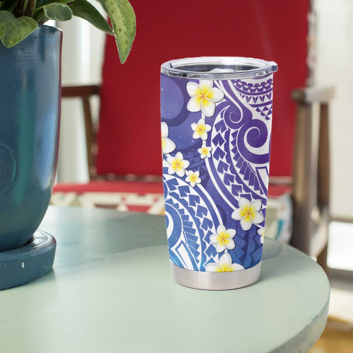 Plumeria With Galaxy Gradient Polynesian Tattoo Pattern Tumbler Cup LT05 - Polynesian Pride