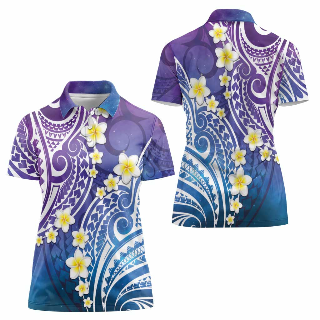 Plumeria With Galaxy Polynesian Tattoo Pattern Women Polo Shirt