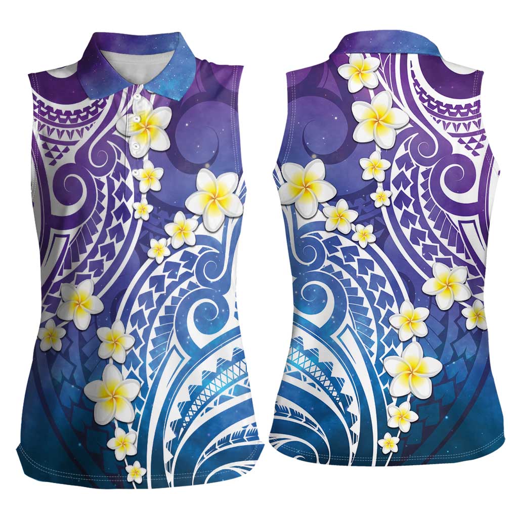 Plumeria With Galaxy Polynesian Tattoo Pattern Women Sleeveless Polo Shirt