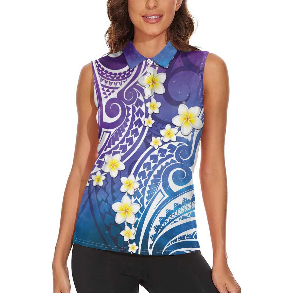 Plumeria With Galaxy Polynesian Tattoo Pattern Women Sleeveless Polo Shirt