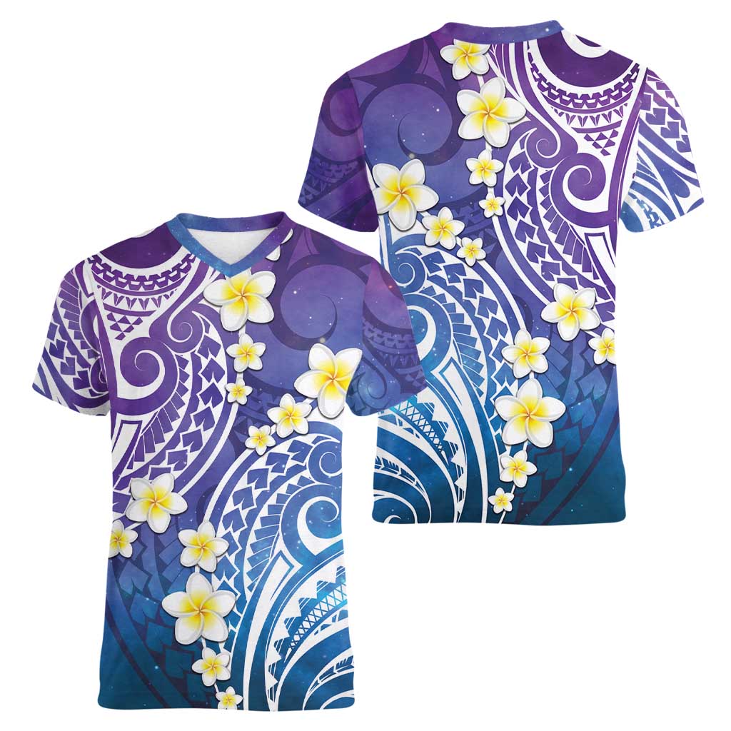 Plumeria With Galaxy Polynesian Tattoo Pattern Women V-Neck T-Shirt