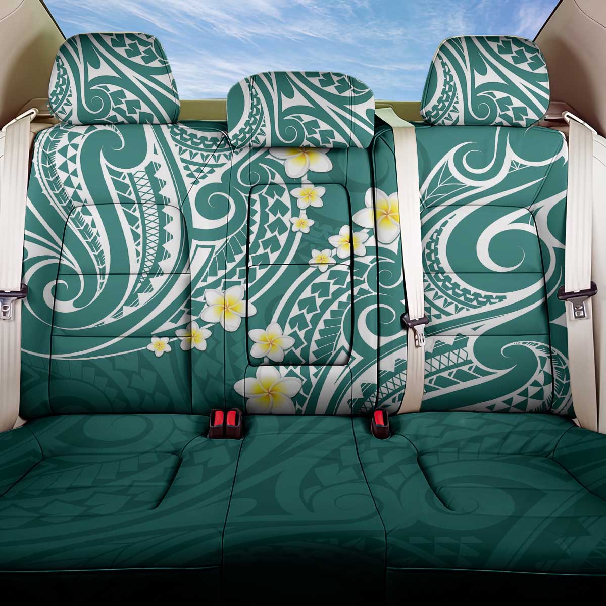 Plumeria With Teal Polynesian Tattoo Pattern Back Car Seat Cover