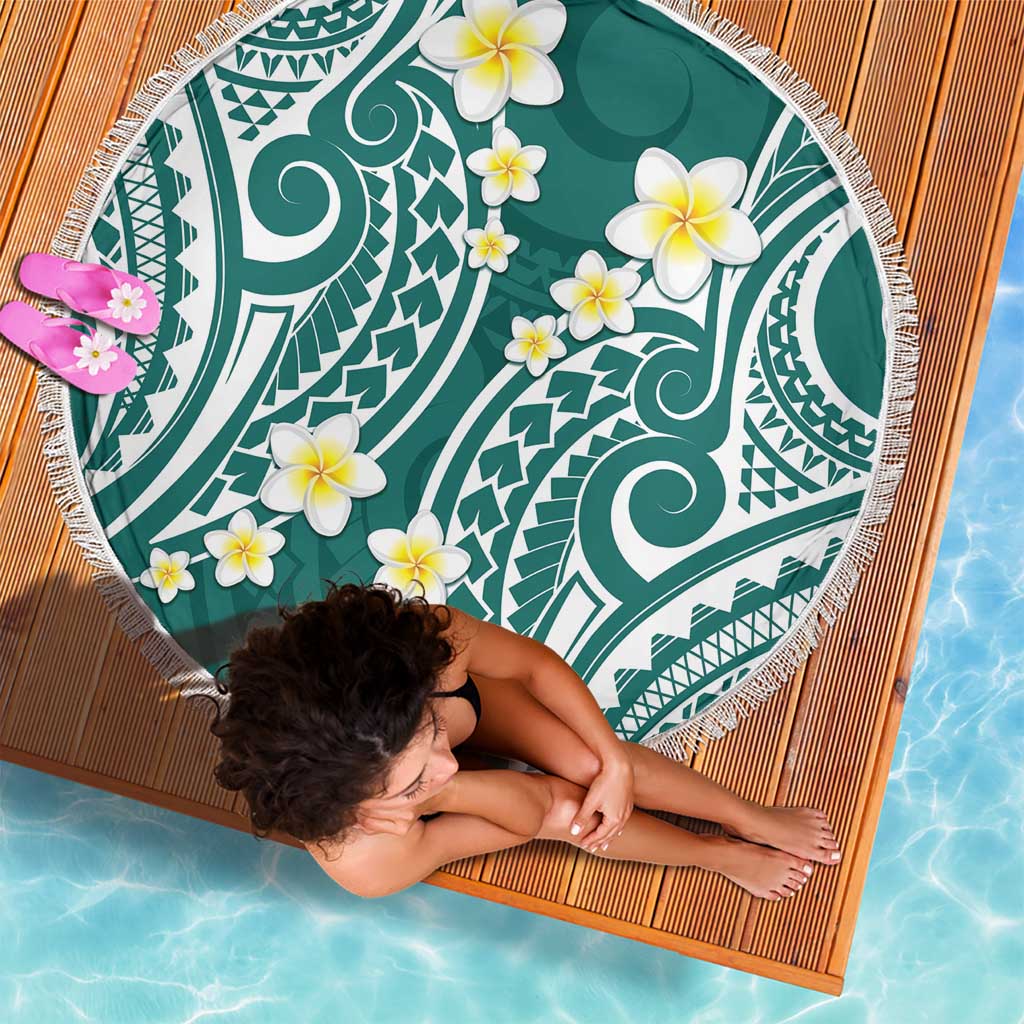 Plumeria With Teal Polynesian Tattoo Pattern Beach Blanket LT05 - Polynesian Pride
