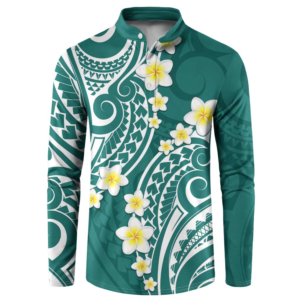 Plumeria With Teal Polynesian Tattoo Pattern Button Sweatshirt LT05 Teal - Polynesian Pride