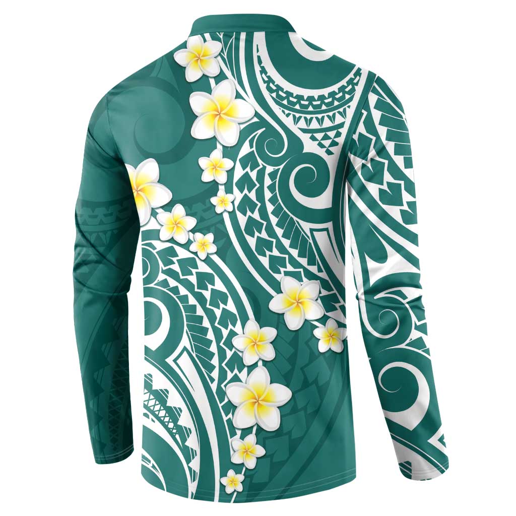 Plumeria With Teal Polynesian Tattoo Pattern Button Sweatshirt LT05 - Polynesian Pride