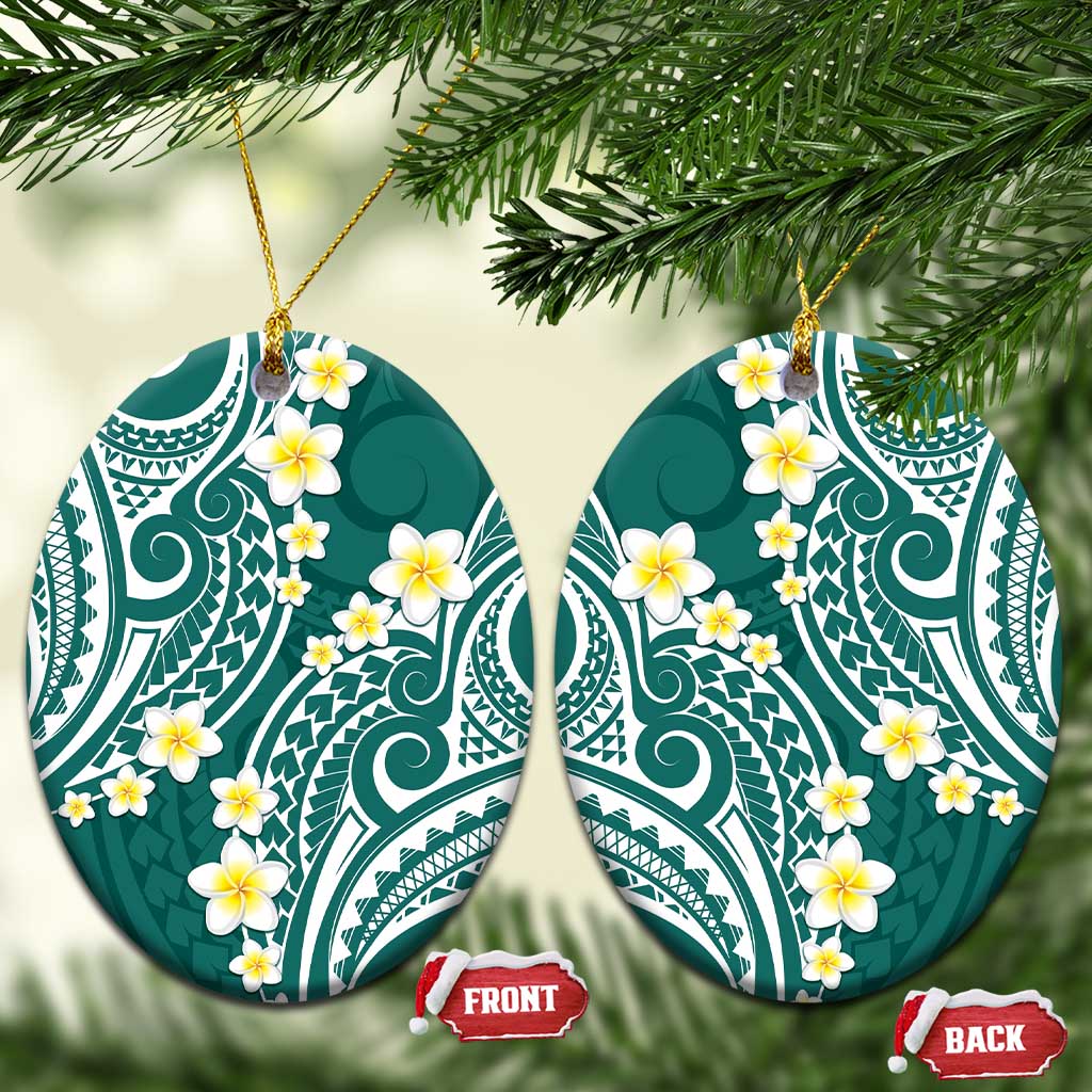 Plumeria With Teal Polynesian Tattoo Pattern Ceramic Ornament LT05 Oval Teal - Polynesian Pride