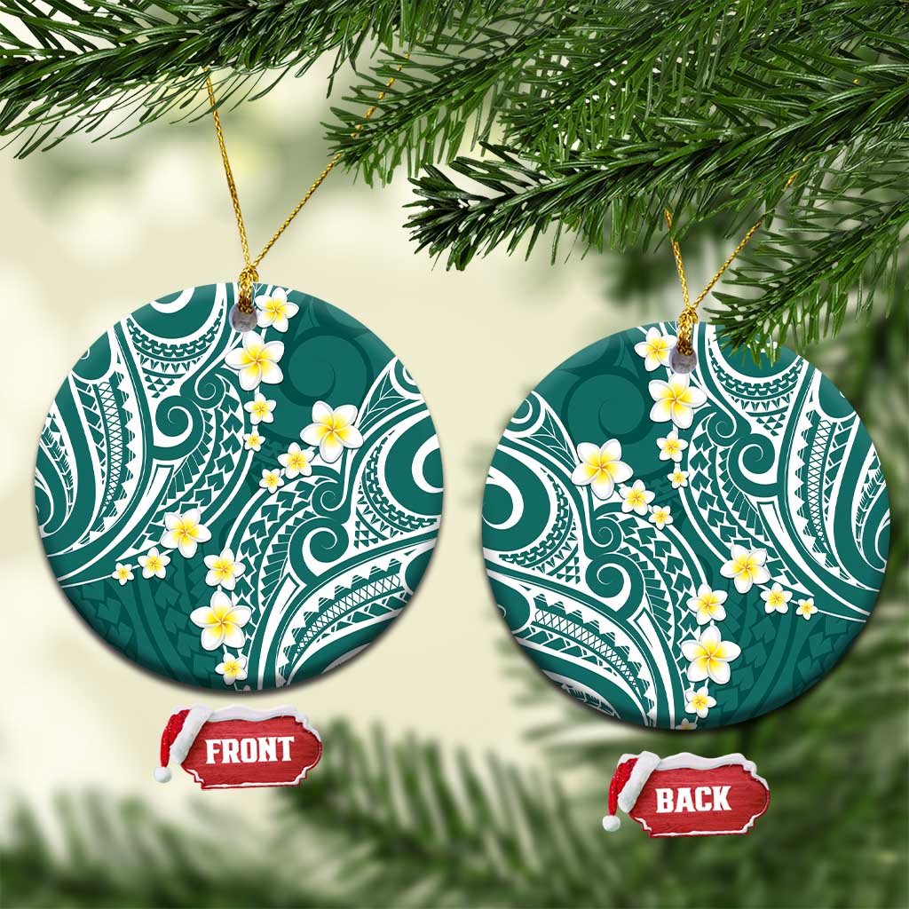 Plumeria With Teal Polynesian Tattoo Pattern Ceramic Ornament LT05 Circle Teal - Polynesian Pride