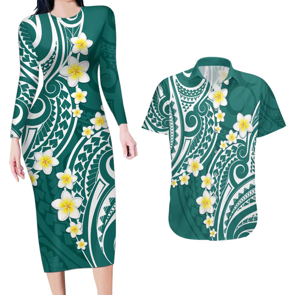 Plumeria With Teal Polynesian Tattoo Pattern Couples Matching Long Sleeve Bodycon Dress and Hawaiian Shirt LT05 Teal - Polynesian Pride