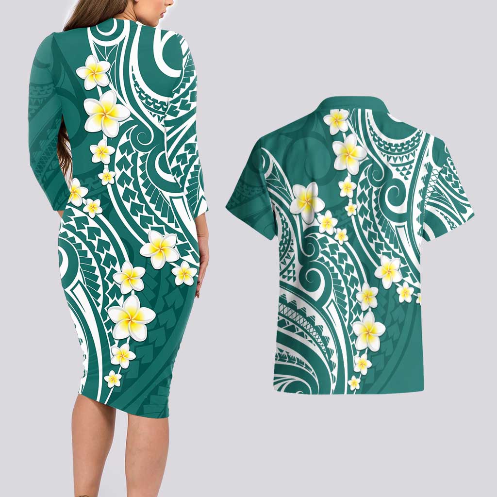 Plumeria With Teal Polynesian Tattoo Pattern Couples Matching Long Sleeve Bodycon Dress and Hawaiian Shirt LT05 - Polynesian Pride