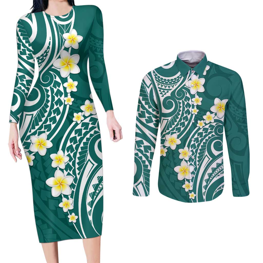 Plumeria With Teal Polynesian Tattoo Pattern Couples Matching Long Sleeve Bodycon Dress and Long Sleeve Button Shirt LT05 Teal - Polynesian Pride