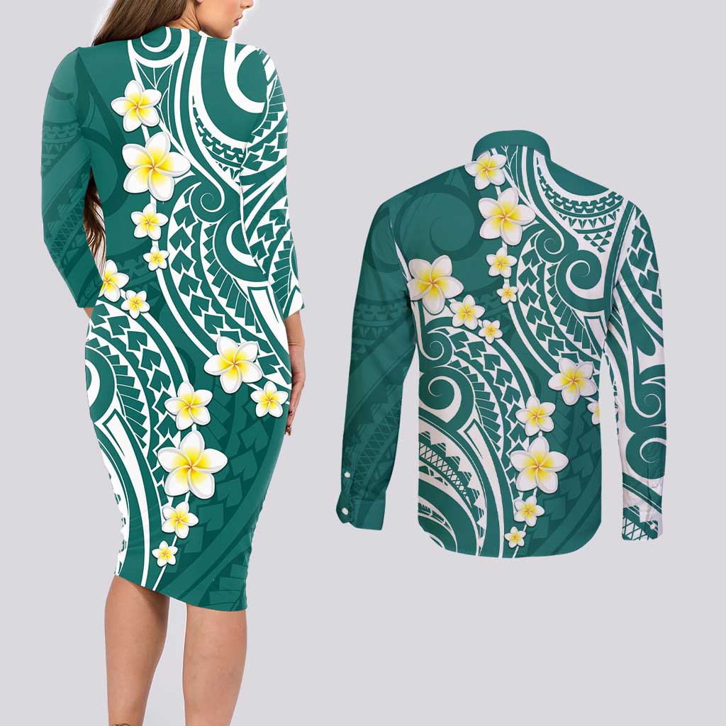 Plumeria With Teal Polynesian Tattoo Pattern Couples Matching Long Sleeve Bodycon Dress and Long Sleeve Button Shirt LT05 - Polynesian Pride