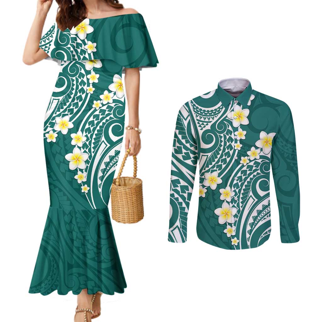 Plumeria With Teal Polynesian Tattoo Pattern Couples Matching Mermaid Dress and Long Sleeve Button Shirt LT05 Teal - Polynesian Pride