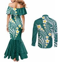 Plumeria With Teal Polynesian Tattoo Pattern Couples Matching Mermaid Dress and Long Sleeve Button Shirt LT05 - Polynesian Pride