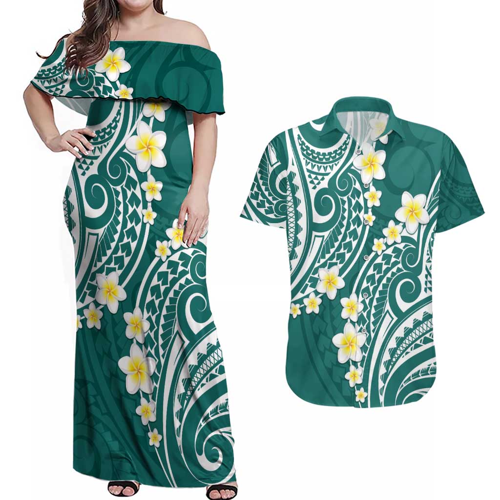 Plumeria With Teal Polynesian Tattoo Pattern Couples Matching Off Shoulder Maxi Dress and Hawaiian Shirt