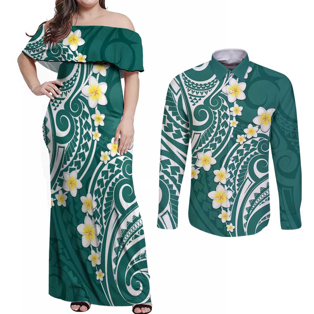 Plumeria With Teal Polynesian Tattoo Pattern Couples Matching Off Shoulder Maxi Dress and Long Sleeve Button Shirt LT05 Teal - Polynesian Pride