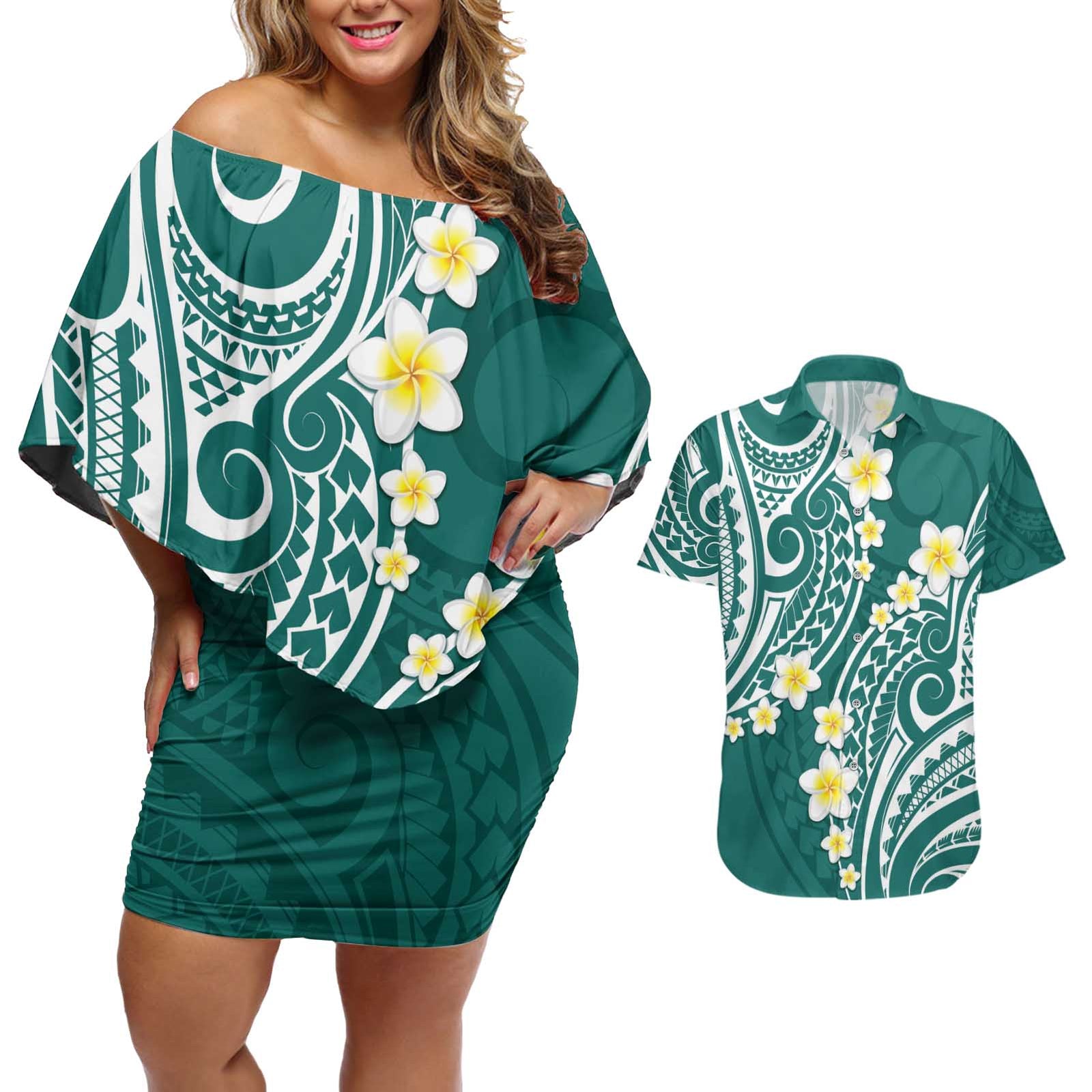 Plumeria With Teal Polynesian Tattoo Pattern Couples Matching Off Shoulder Short Dress and Hawaiian Shirt LT05 Teal - Polynesian Pride