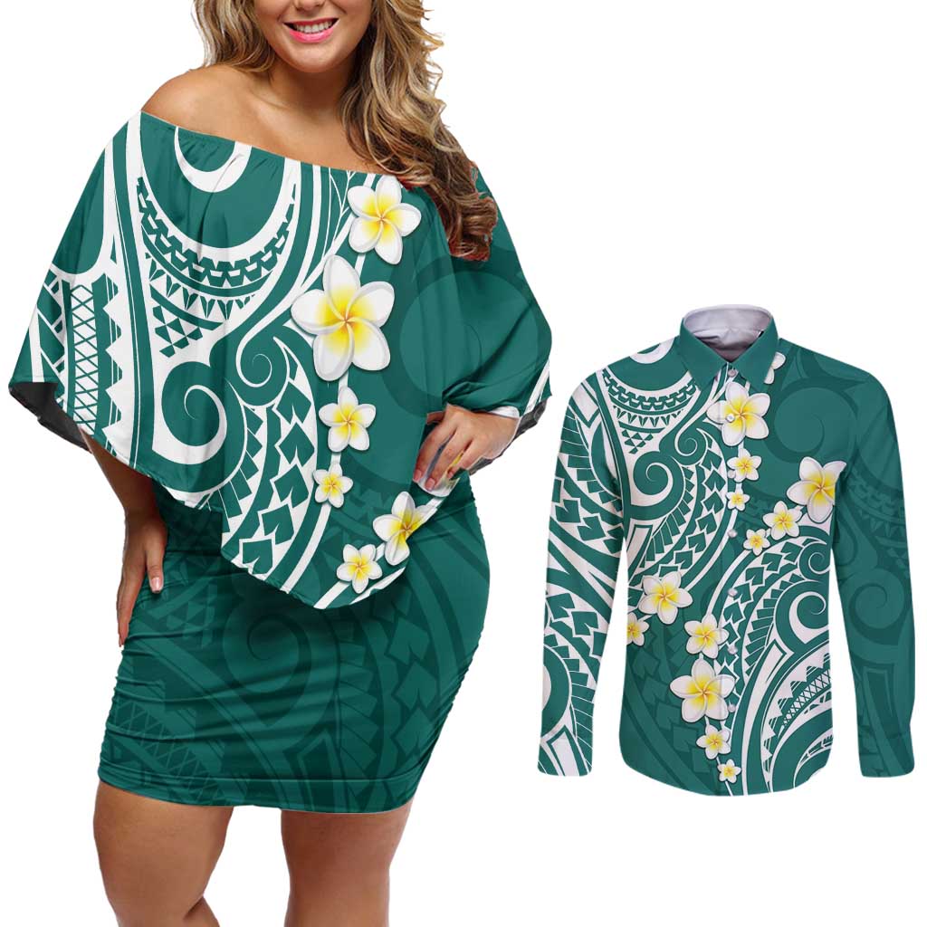 Plumeria With Teal Polynesian Tattoo Pattern Couples Matching Off Shoulder Short Dress and Long Sleeve Button Shirt LT05 Teal - Polynesian Pride