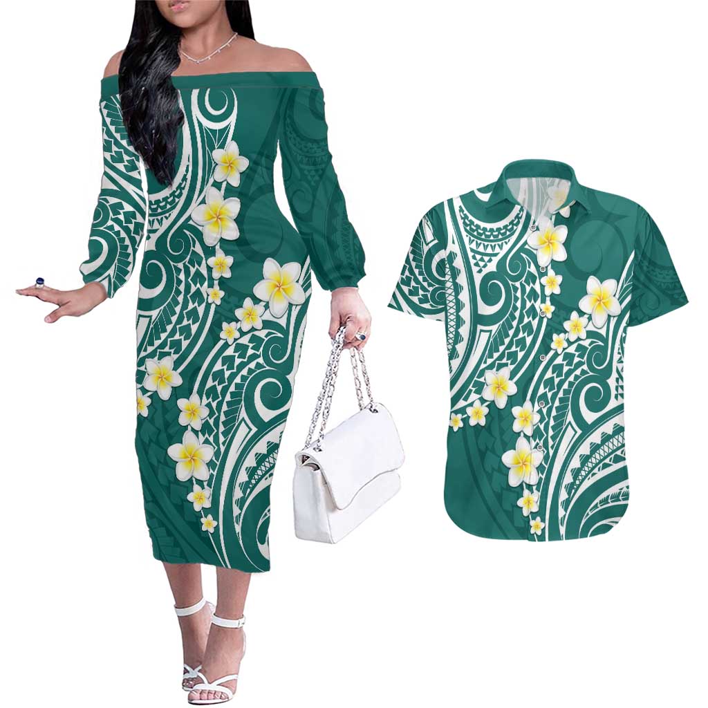 Plumeria With Teal Polynesian Tattoo Pattern Couples Matching Off The Shoulder Long Sleeve Dress and Hawaiian Shirt LT05 Teal - Polynesian Pride