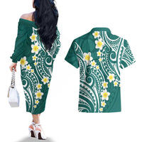 Plumeria With Teal Polynesian Tattoo Pattern Couples Matching Off The Shoulder Long Sleeve Dress and Hawaiian Shirt LT05 - Polynesian Pride