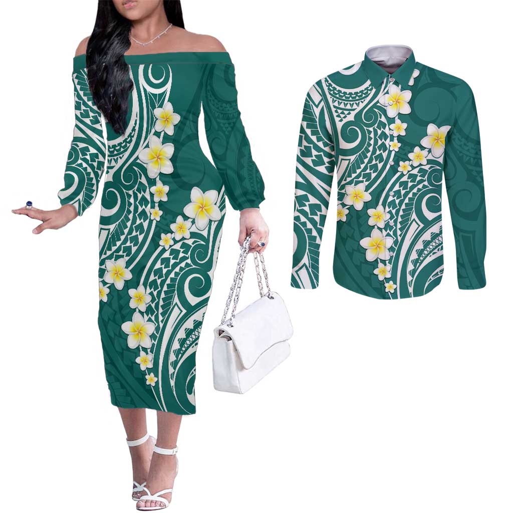 Plumeria With Teal Polynesian Tattoo Pattern Couples Matching Off The Shoulder Long Sleeve Dress and Long Sleeve Button Shirt LT05 Teal - Polynesian Pride