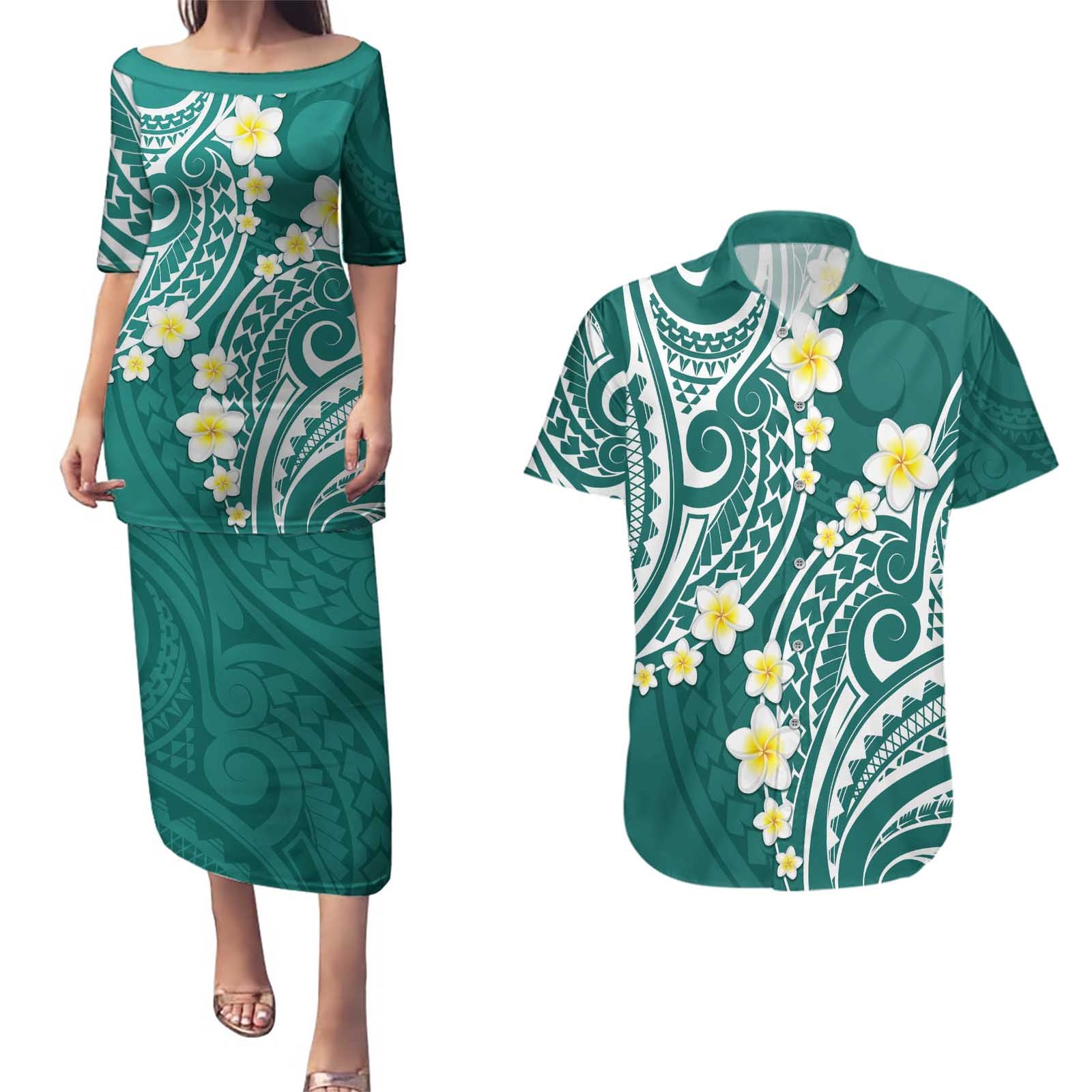 Plumeria With Teal Polynesian Tattoo Pattern Couples Matching Puletasi and Hawaiian Shirt LT05 Teal - Polynesian Pride