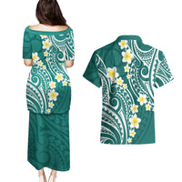 Plumeria With Teal Polynesian Tattoo Pattern Couples Matching Puletasi and Hawaiian Shirt LT05 - Polynesian Pride