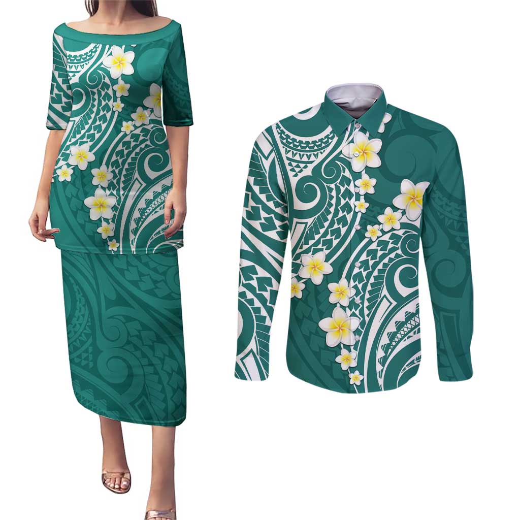 Plumeria With Teal Polynesian Tattoo Pattern Couples Matching Puletasi and Long Sleeve Button Shirt LT05 Teal - Polynesian Pride