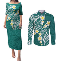 Plumeria With Teal Polynesian Tattoo Pattern Couples Matching Puletasi and Long Sleeve Button Shirt LT05 Teal - Polynesian Pride