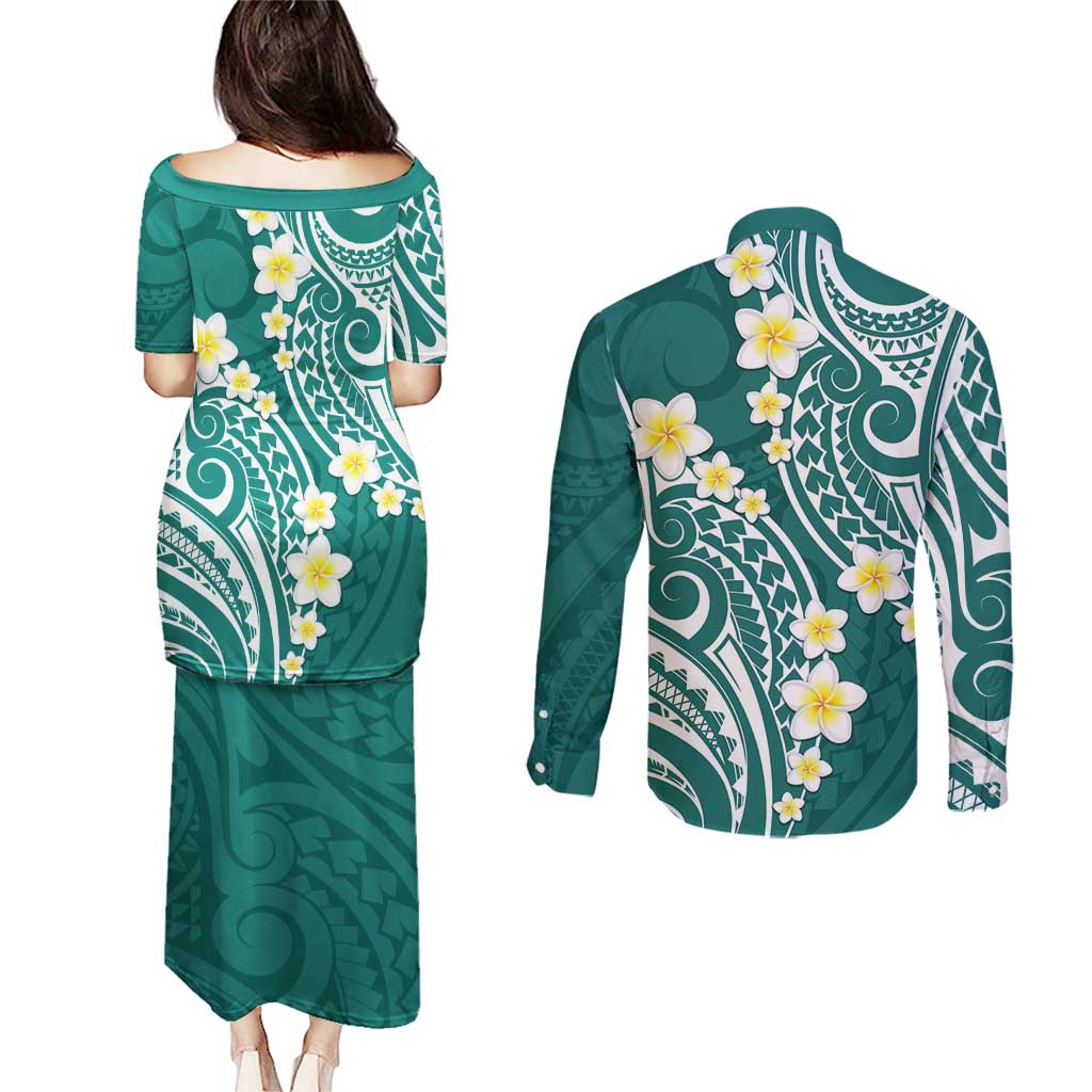 Plumeria With Teal Polynesian Tattoo Pattern Couples Matching Puletasi and Long Sleeve Button Shirt LT05 - Polynesian Pride