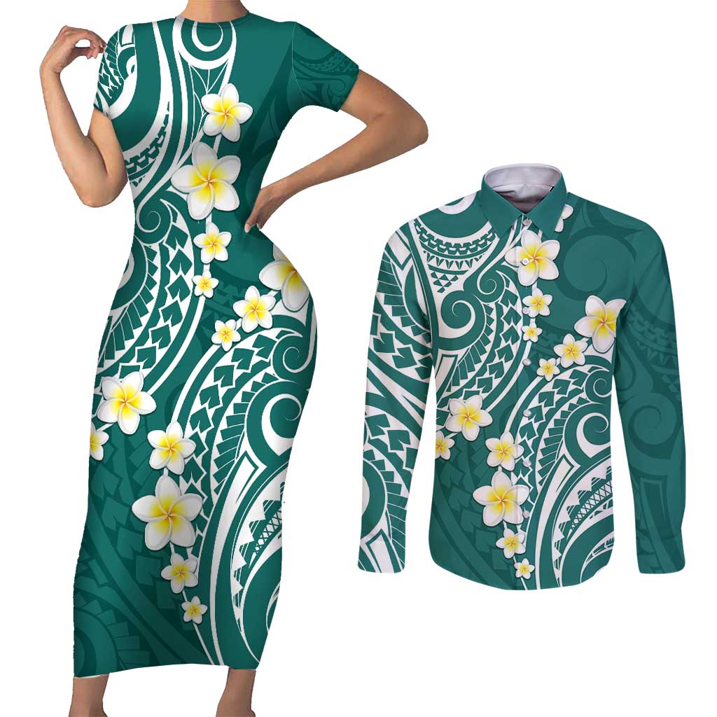 Plumeria With Teal Polynesian Tattoo Pattern Couples Matching Short Sleeve Bodycon Dress and Long Sleeve Button Shirt LT05 Teal - Polynesian Pride