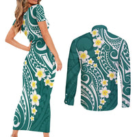 Plumeria With Teal Polynesian Tattoo Pattern Couples Matching Short Sleeve Bodycon Dress and Long Sleeve Button Shirt LT05 - Polynesian Pride
