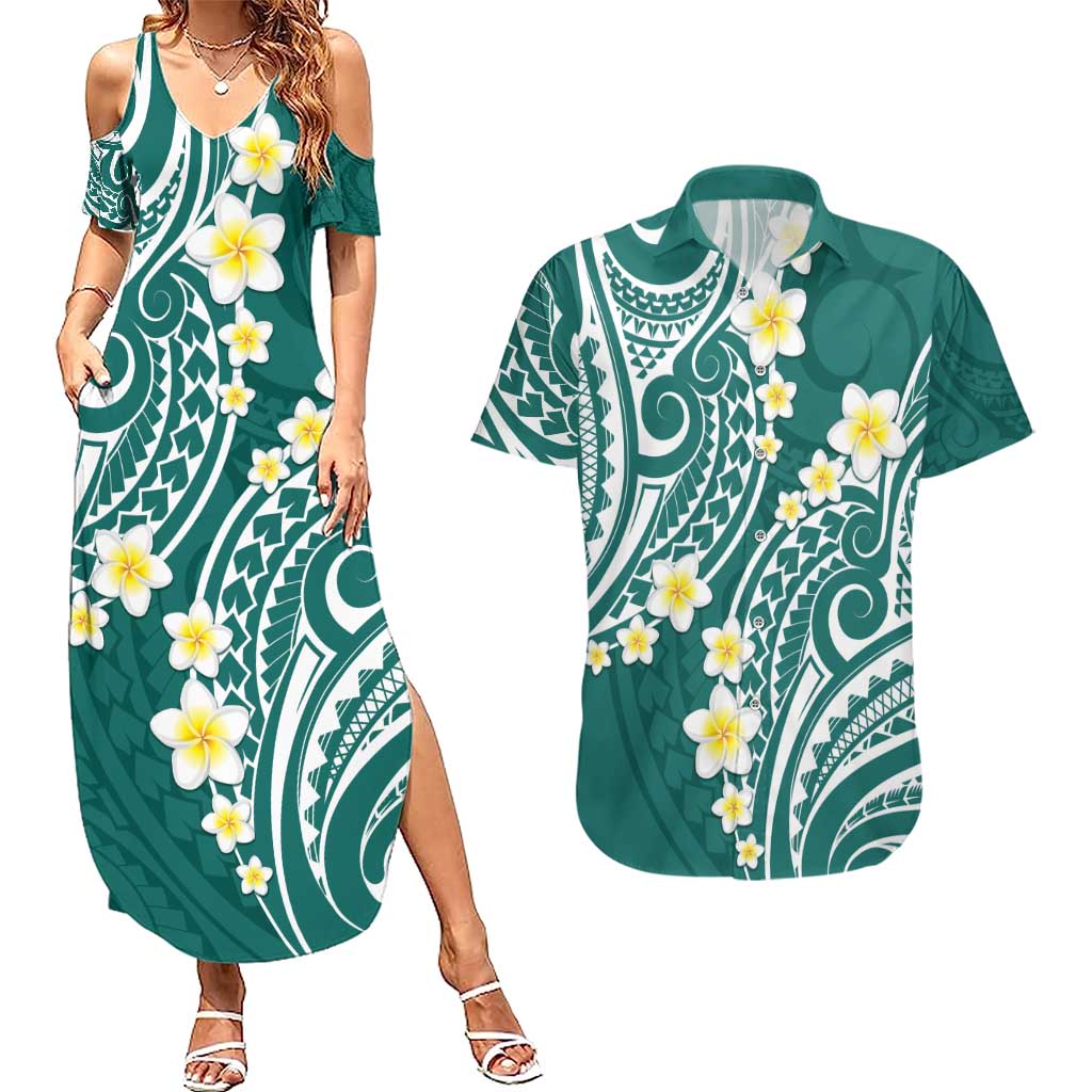 Plumeria With Teal Polynesian Tattoo Pattern Couples Matching Summer Maxi Dress and Hawaiian Shirt LT05 Teal - Polynesian Pride