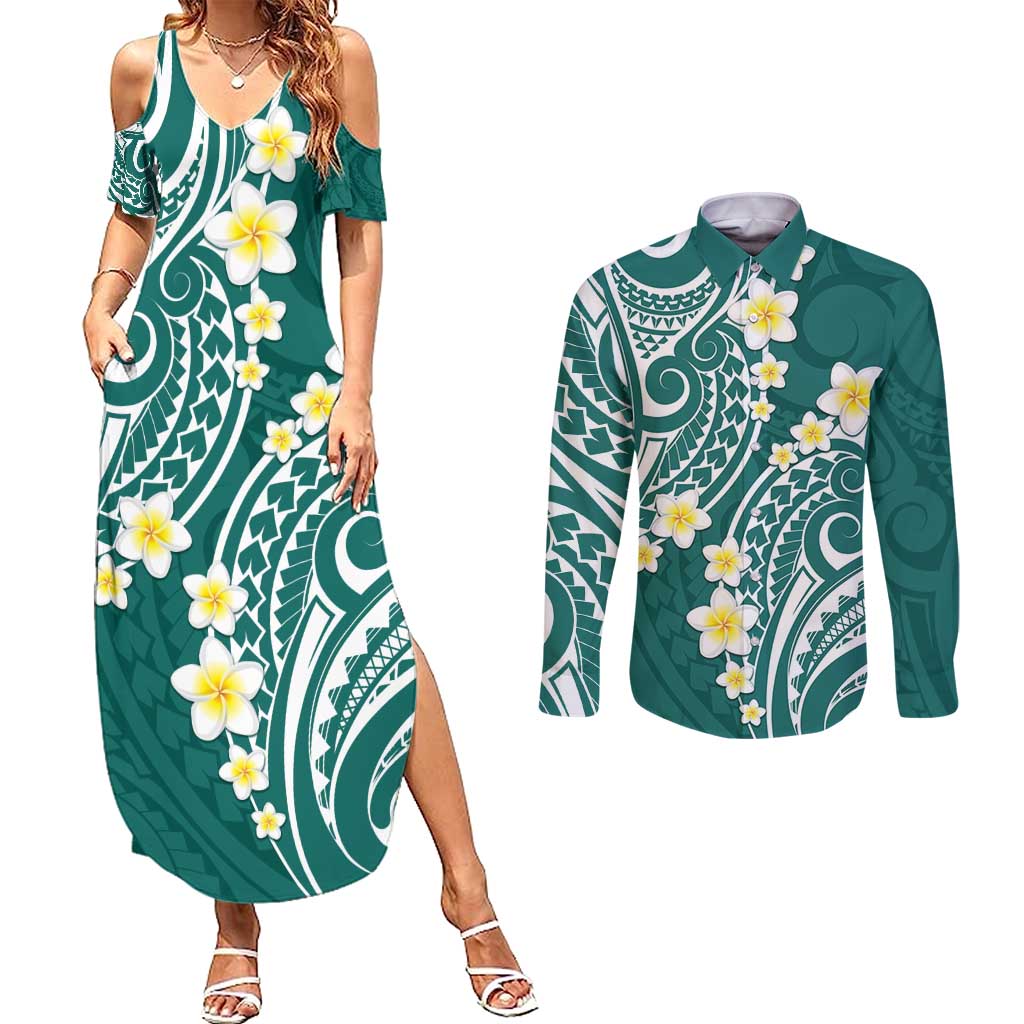 Plumeria With Teal Polynesian Tattoo Pattern Couples Matching Summer Maxi Dress and Long Sleeve Button Shirt LT05 Teal - Polynesian Pride