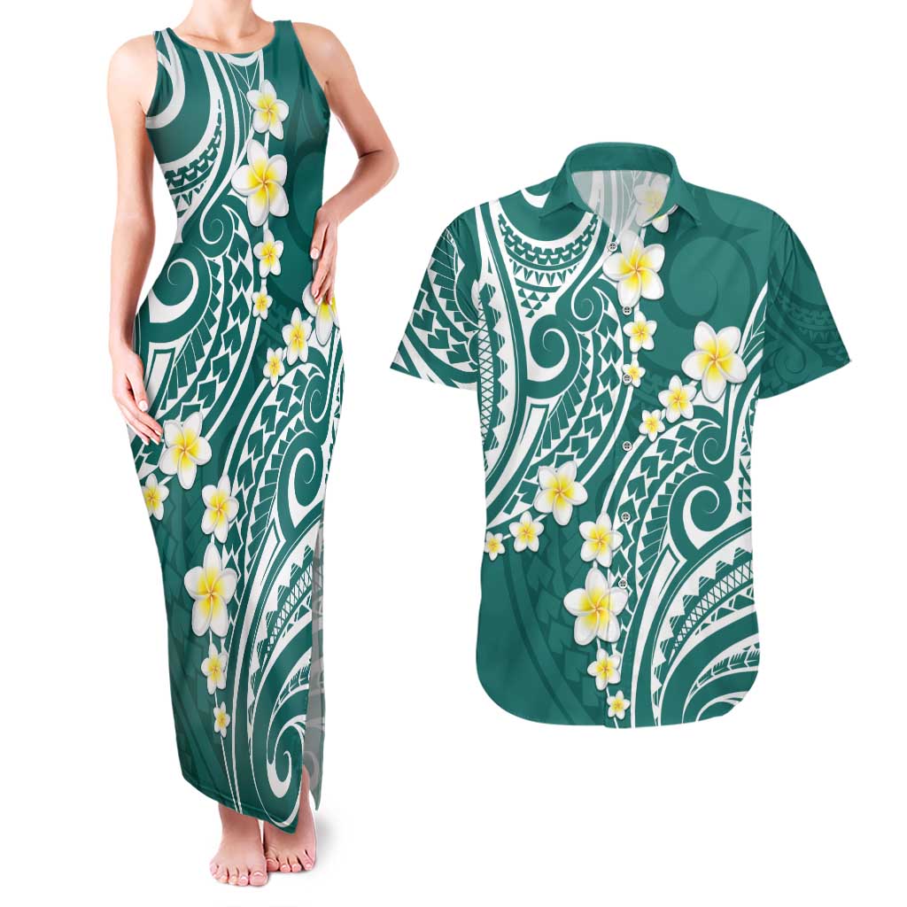 Plumeria With Teal Polynesian Tattoo Pattern Couples Matching Tank Maxi Dress and Hawaiian Shirt LT05 Teal - Polynesian Pride