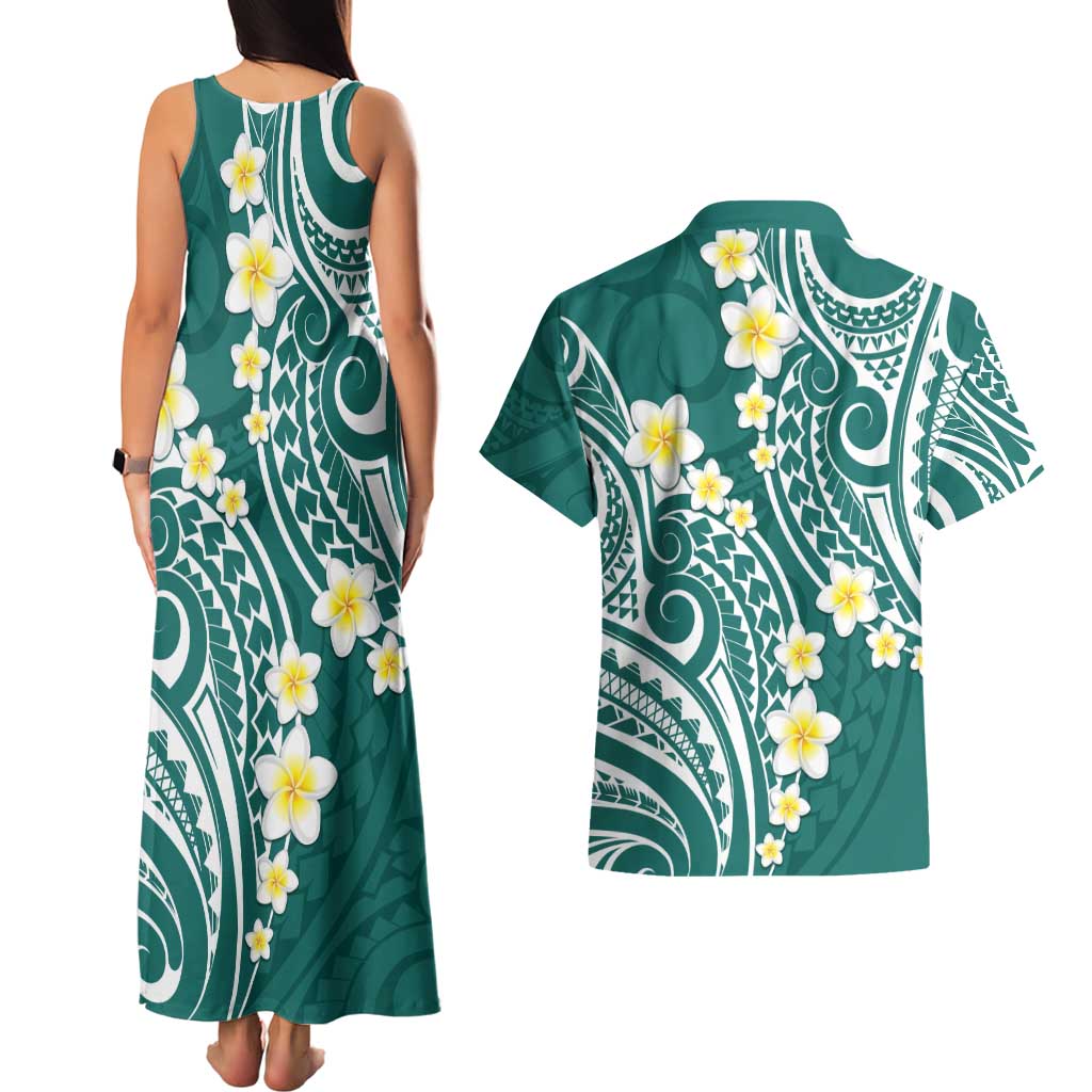 Plumeria With Teal Polynesian Tattoo Pattern Couples Matching Tank Maxi Dress and Hawaiian Shirt LT05 - Polynesian Pride