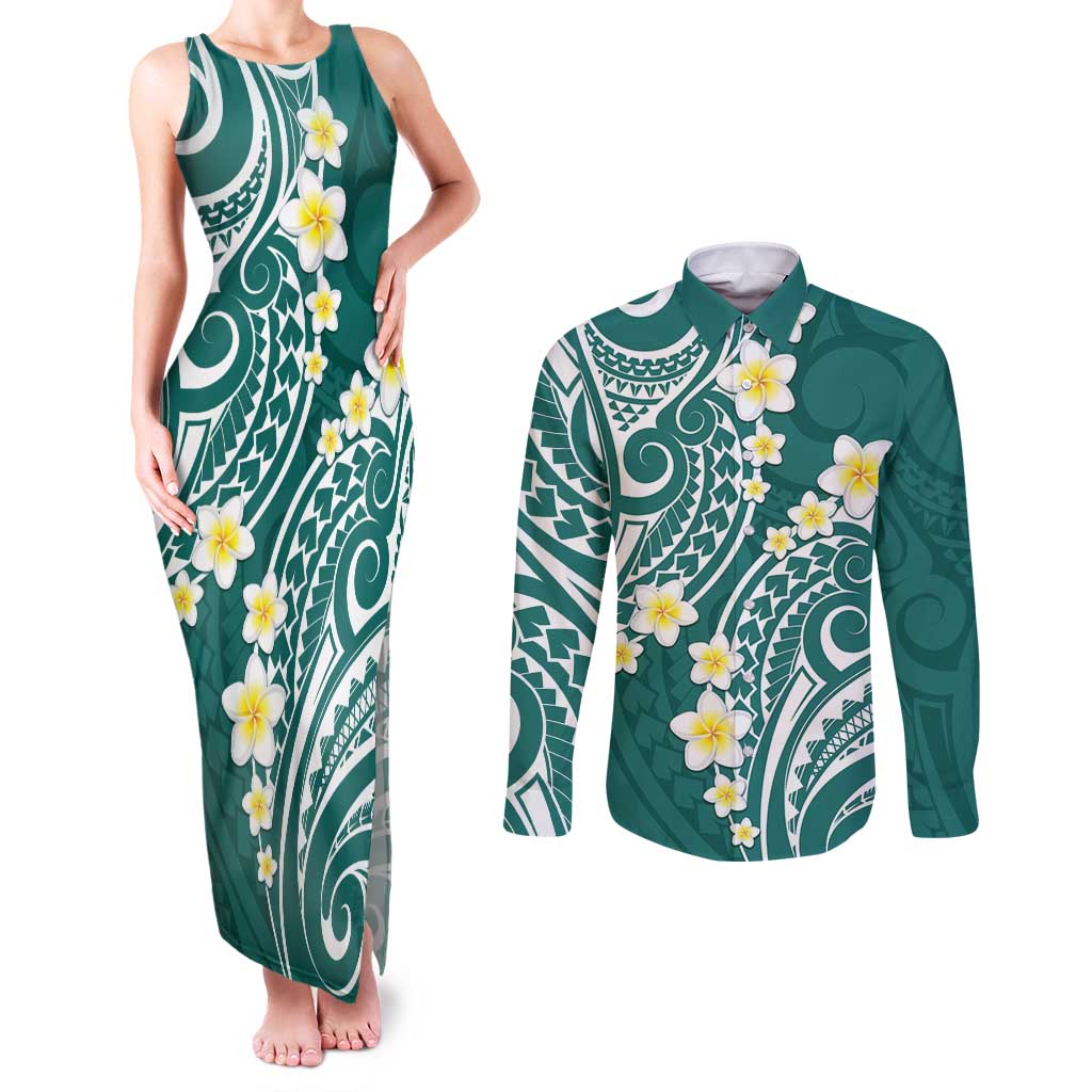Plumeria With Teal Polynesian Tattoo Pattern Couples Matching Tank Maxi Dress and Long Sleeve Button Shirt LT05 Teal - Polynesian Pride